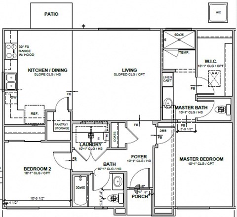 Floor plan for 2 beds, 2 baths, 996 sqft